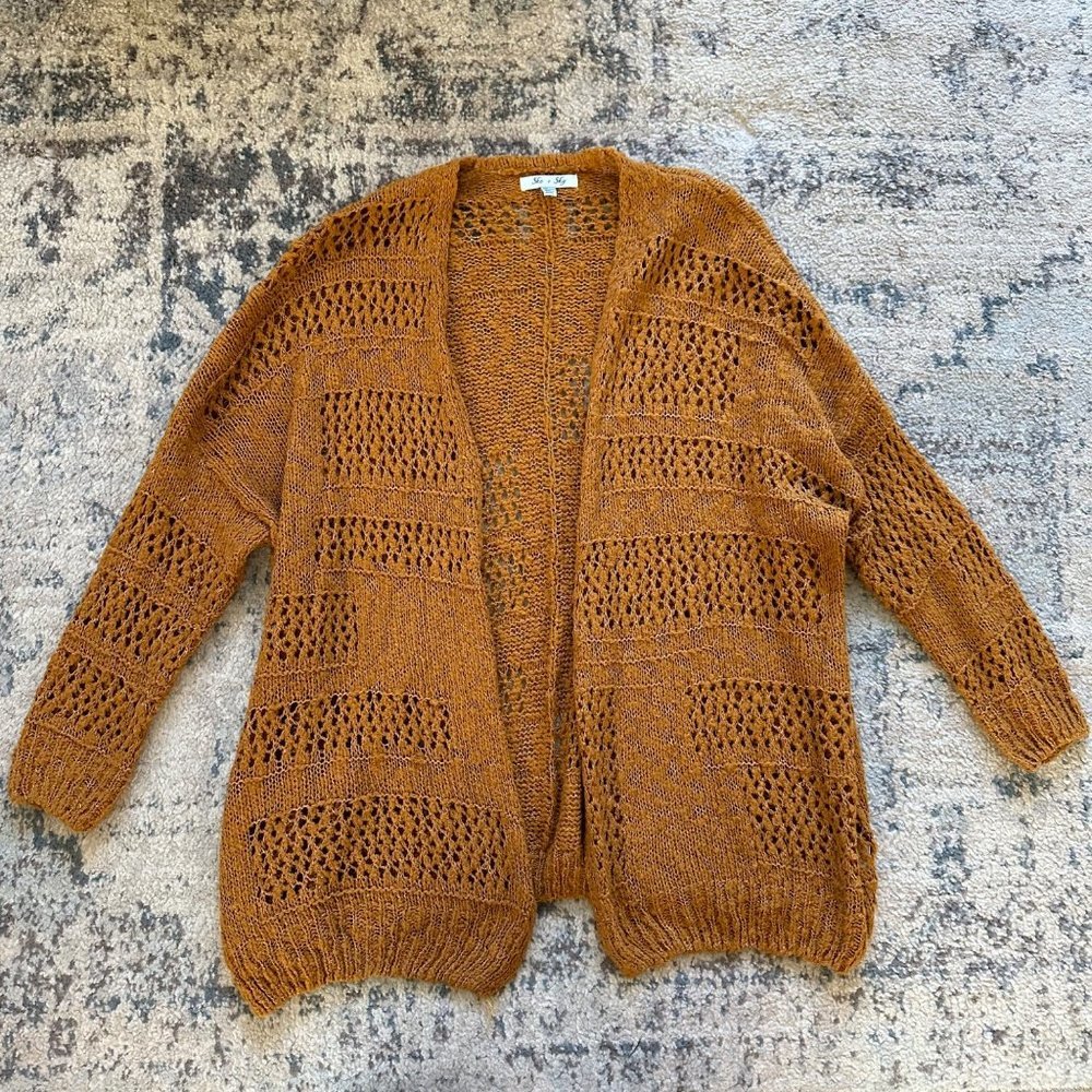 She + Sky | Mustard Yellow OS Long Sleeve Open Knit Crochet Open Front Cardigan